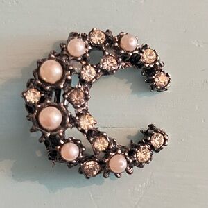 Vintage Clear Rhinestone and Faux Pearl Crescent Moon Brooch Pin